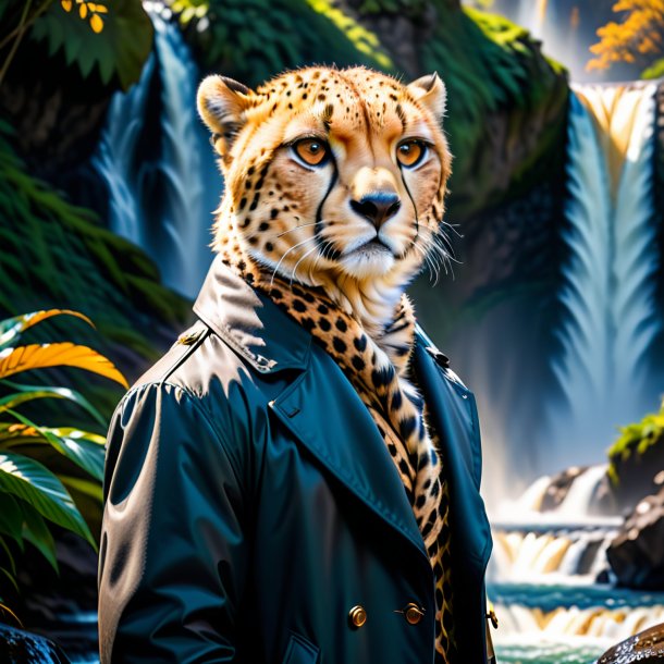 Picture of a cheetah in a coat in the waterfall