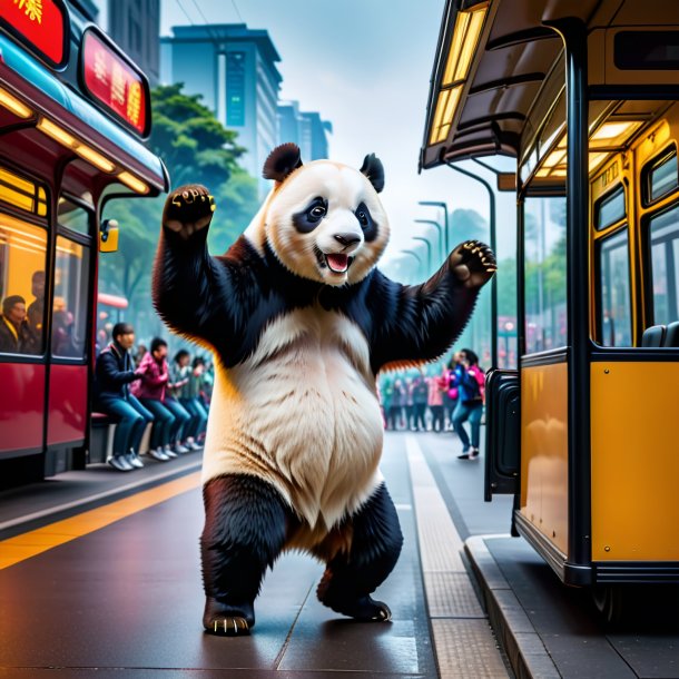 Foto de uma dança de um panda gigante no ponto de ônibus