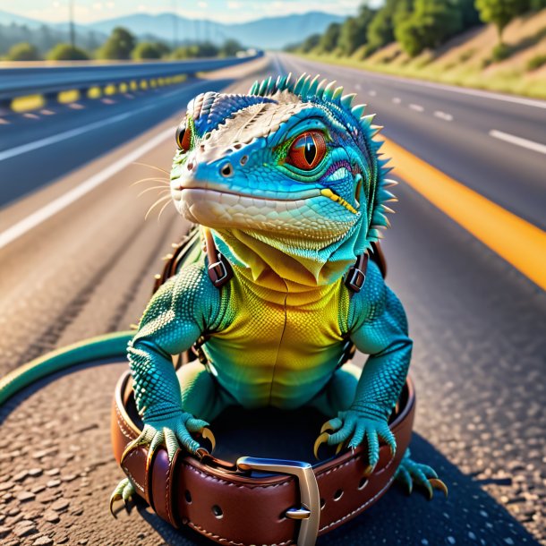 Imagem de um lagarto em um cinto na estrada