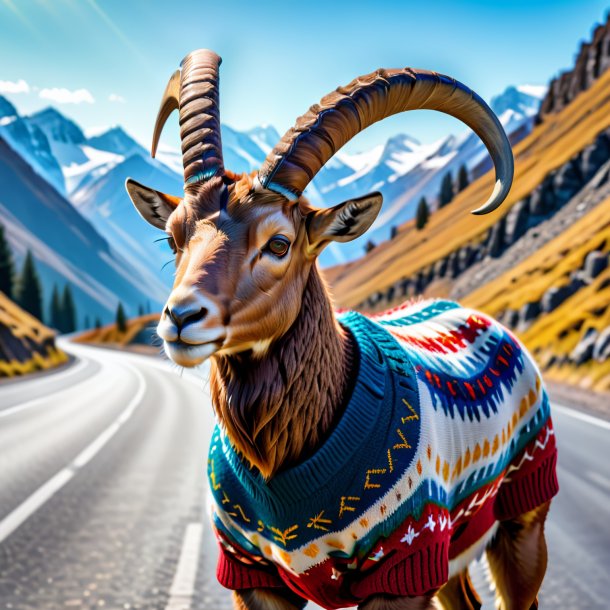 Foto de un íbex en un suéter en la carretera