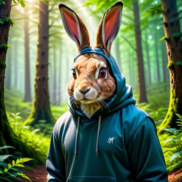 Foto de uma lebre em um hoodie na floresta