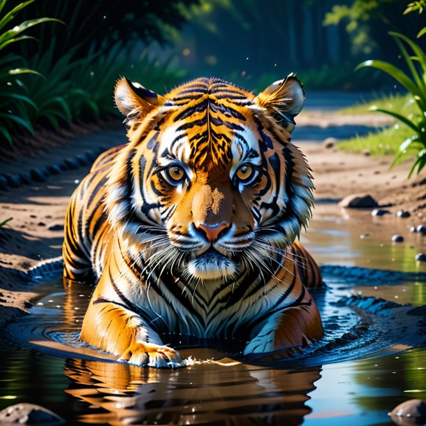 Image of a swimming of a tiger in the puddle