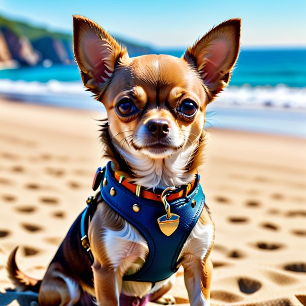 Foto de um chihuahua em um cinto na praia