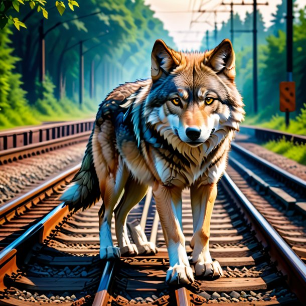 Photo of a wolf in a shoes on the railway tracks