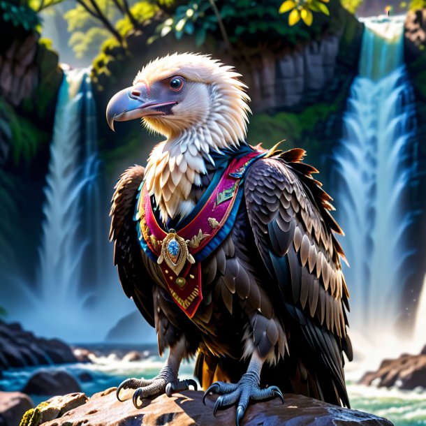 Picture of a vulture in a vest in the waterfall