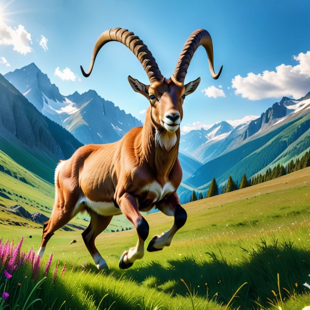 Photo of a jumping of a ibex in the meadow