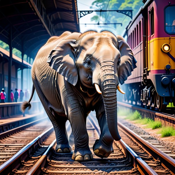 Foto de un elefante en zapatos en las vías del tren