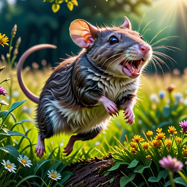 Image of a jumping of a rat in the meadow