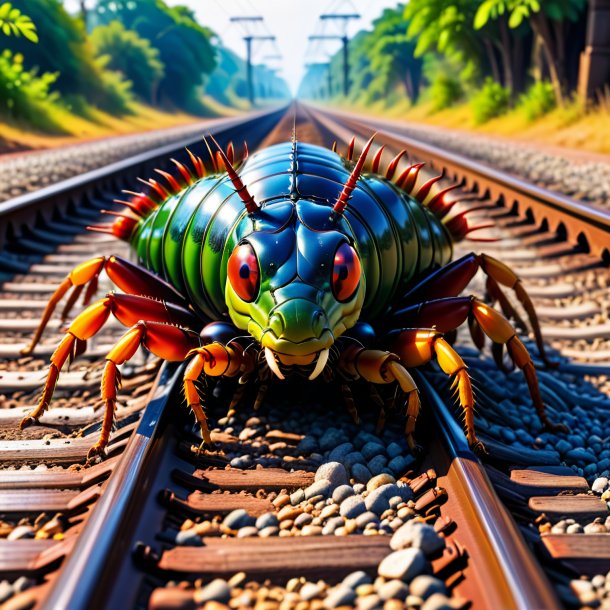 Foto de una bebida de un ciempiés en las vías del tren