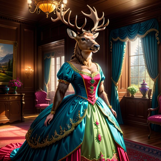 Illustration d'un wapiti dans une robe dans la maison