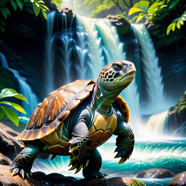 Imagen de una tortuga en un chaleco en la cascada