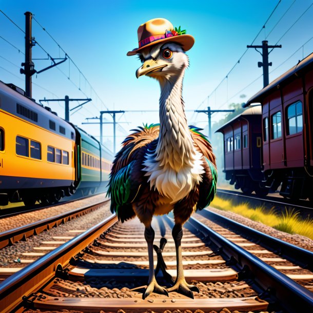 Ilustração de uma emu em um chapéu nos trilhos ferroviários