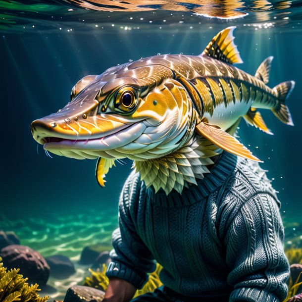 Photo of a pike in a sweater in the water