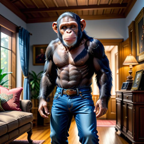 Image of a chimpanzee in a jeans in the house