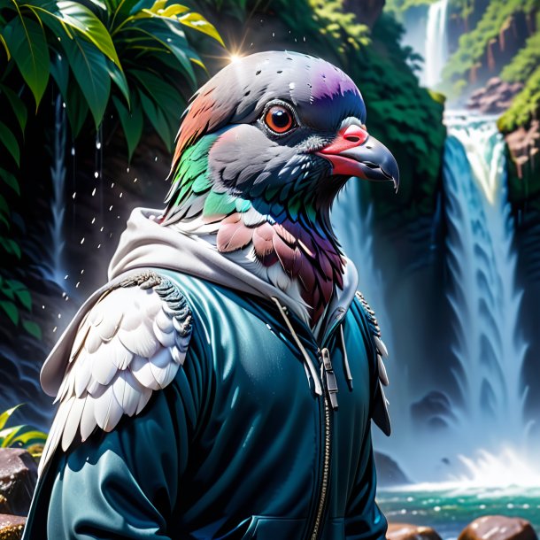 Image of a pigeon in a hoodie in the waterfall