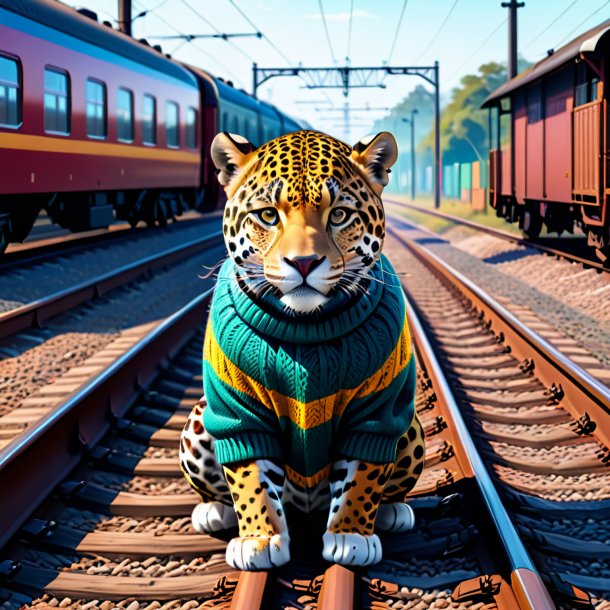 Ilustración de un jaguar en un suéter en las vías del ferrocarril