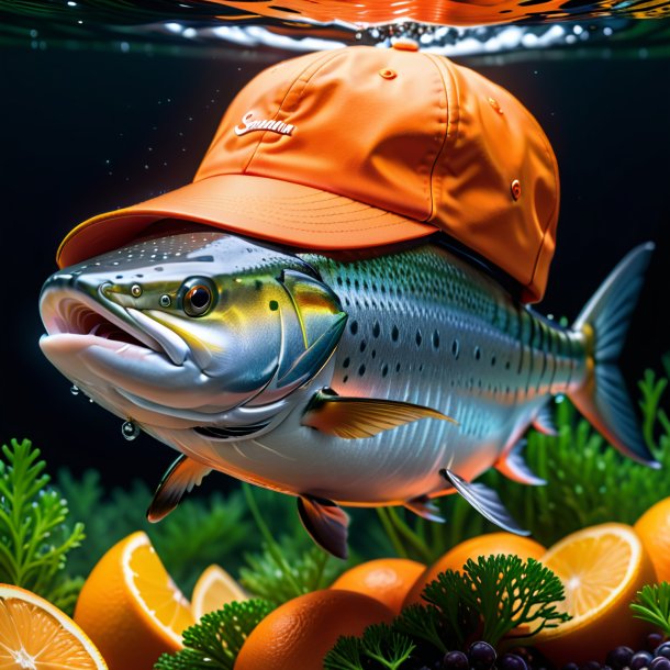 Imagen de un salmón en una gorra naranja