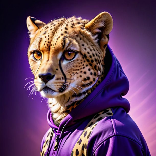 Photo of a cheetah in a purple hoodie