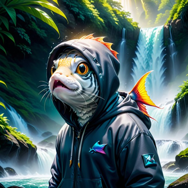 Ilustração de um peixe em um hoodie na cachoeira