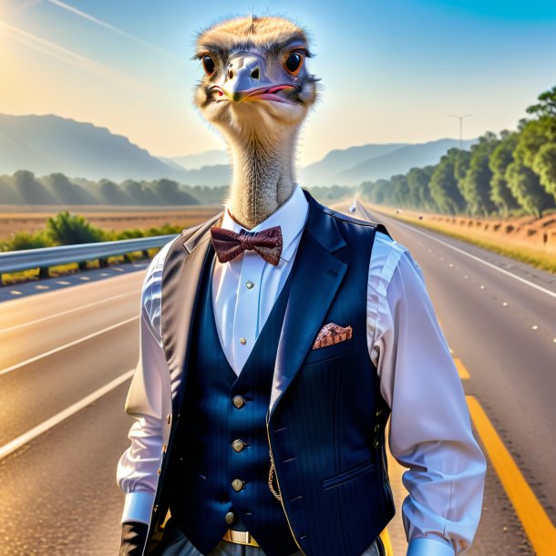 Pic of a ostrich in a vest on the highway