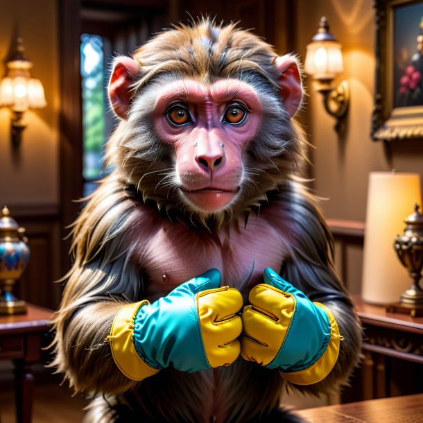 Pic of a baboon in a gloves in the house