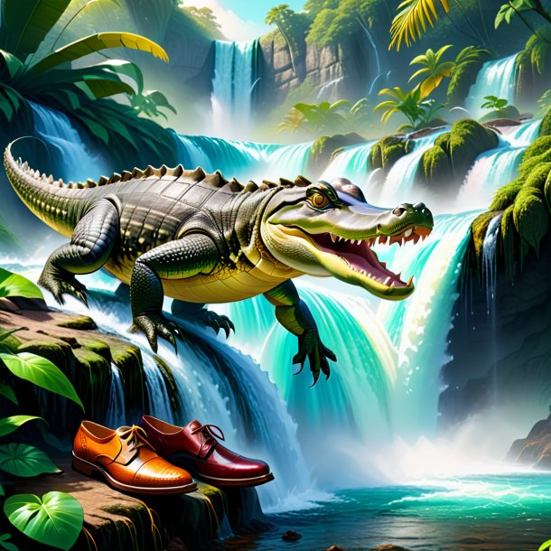 Illustration of a alligator in a shoes in the waterfall