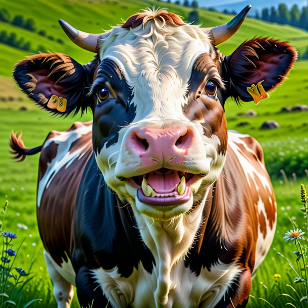 Image d'une vache souriante dans la prairie