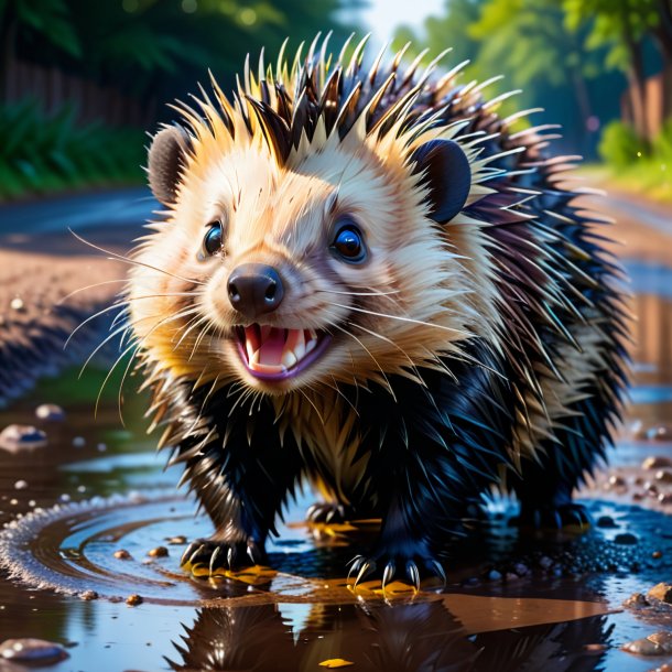 Image of a smiling of a porcupine in the puddle