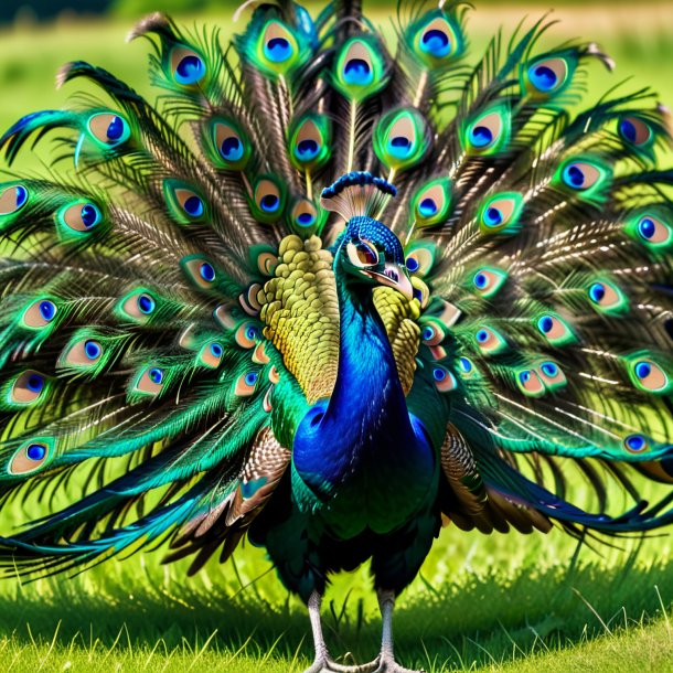 Foto de una amenaza de un pavo real en el prado