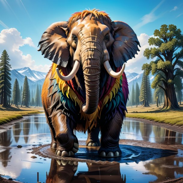 Drawing of a mammoth in a vest in the puddle