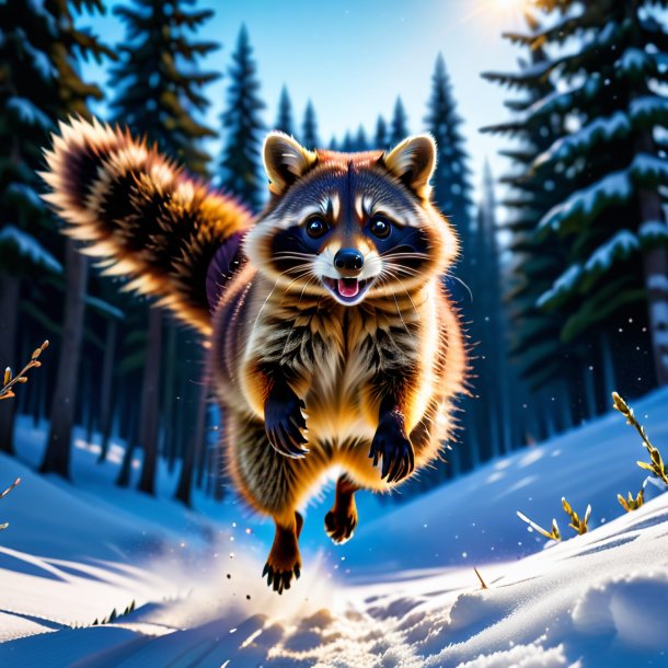 Picture of a jumping of a raccoon in the snow