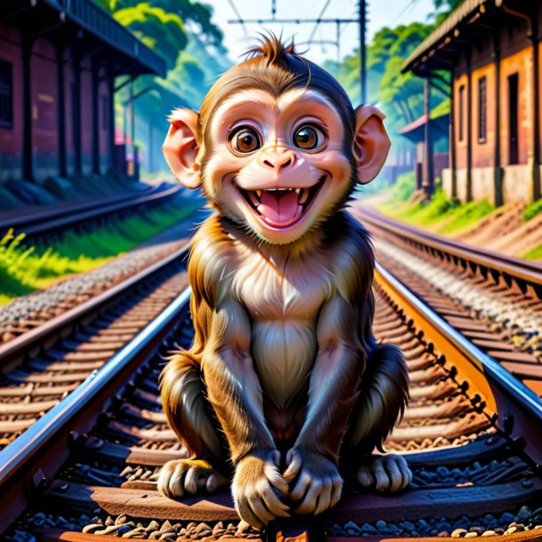 Pic of a smiling of a monkey on the railway tracks