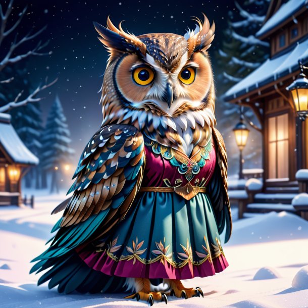 Illustration of a owl in a dress in the snow