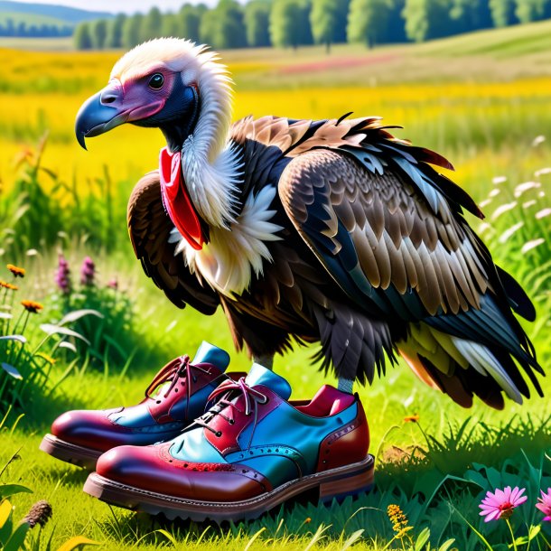 Photo of a vulture in a shoes in the meadow