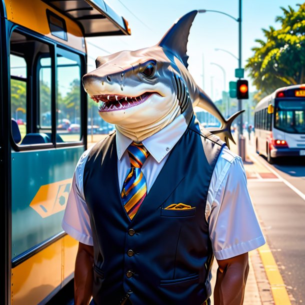 Imagem de um tubarão-martelo em um colete no ponto de ônibus