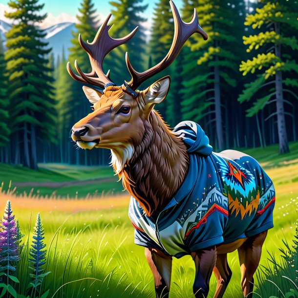 Drawing of a elk in a hoodie in the meadow