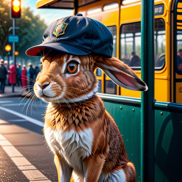 Image of a hare in a cap on the bus stop