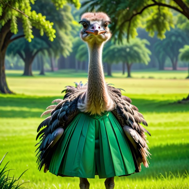 Photo of a ostrich in a green skirt