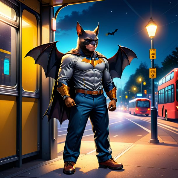 Drawing of a bat in a trousers on the bus stop