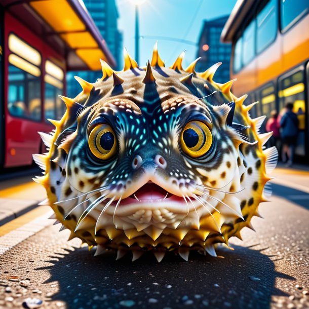 Foto de una comida de un pez globo en la parada de autobús