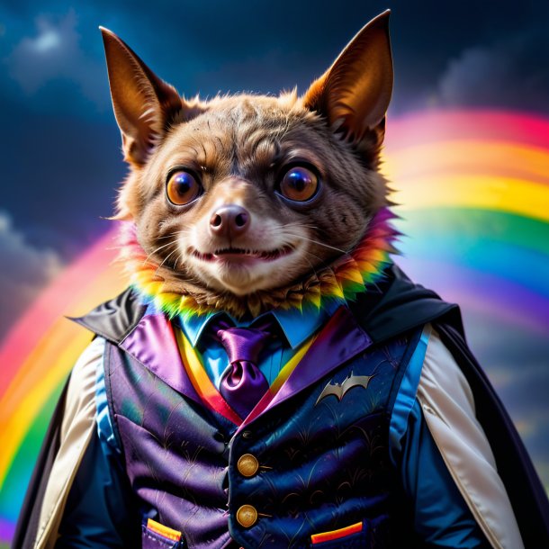 Photo of a bat in a vest on the rainbow