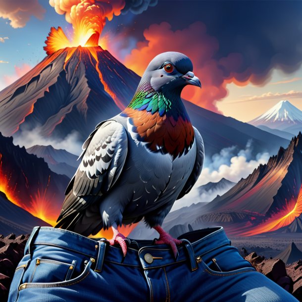 Drawing of a pigeon in a jeans in the volcano