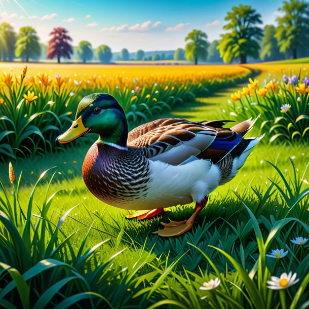 Image of a playing of a duck in the meadow