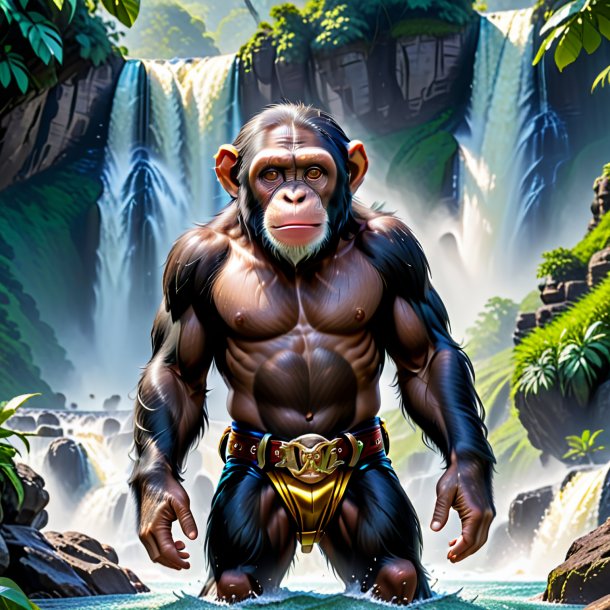 Image of a chimpanzee in a belt in the waterfall