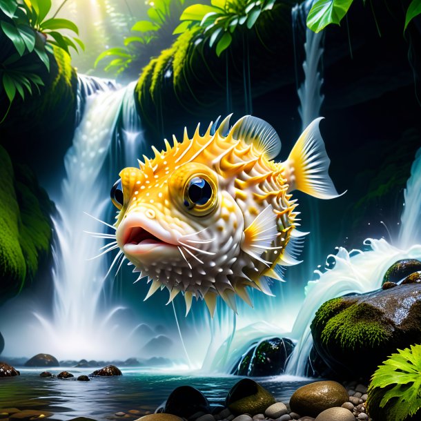 Pic of a pufferfish in a shoes in the waterfall