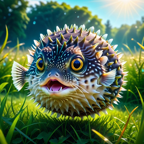 Photo of a dancing of a pufferfish in the meadow