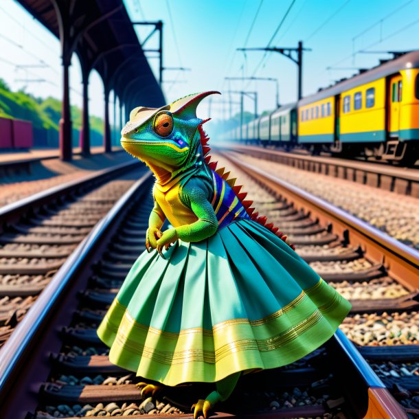 Pic of a chameleon in a skirt on the railway tracks