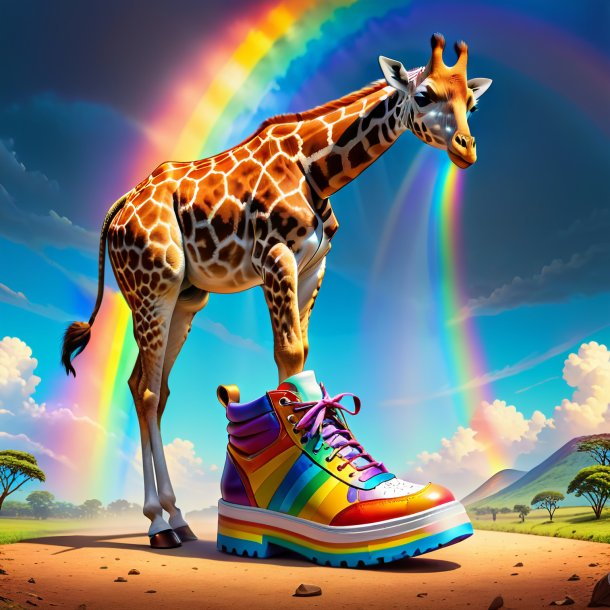 Ilustración de una jirafa en los zapatos en el arco iris