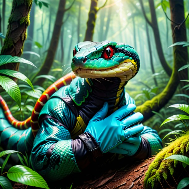 Picture of a snake in a gloves in the forest