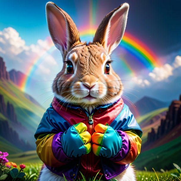 Photo of a rabbit in a gloves on the rainbow